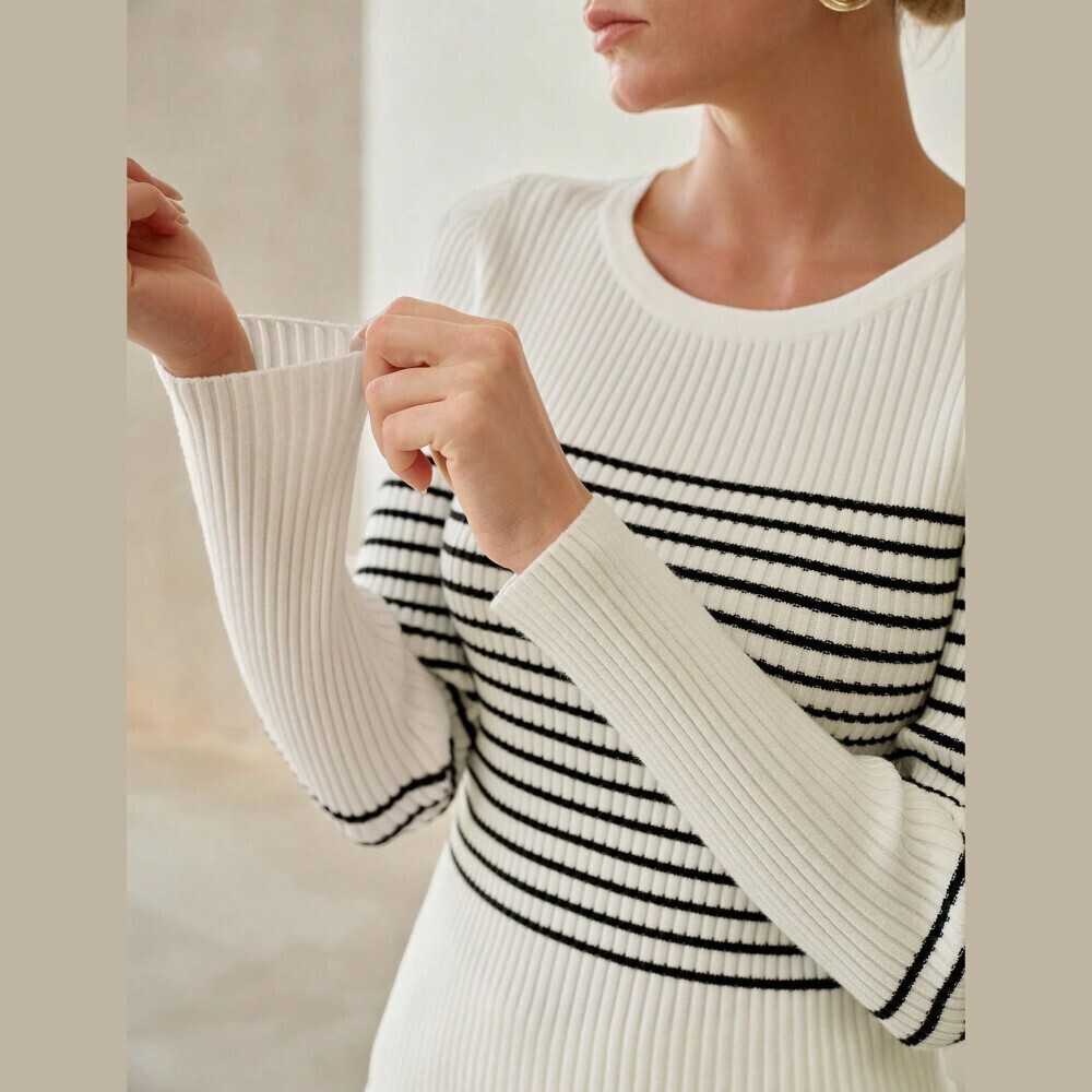 Cream Ribbed Knit Black Striped Crew Neck Sweater - Picture 3 of 8